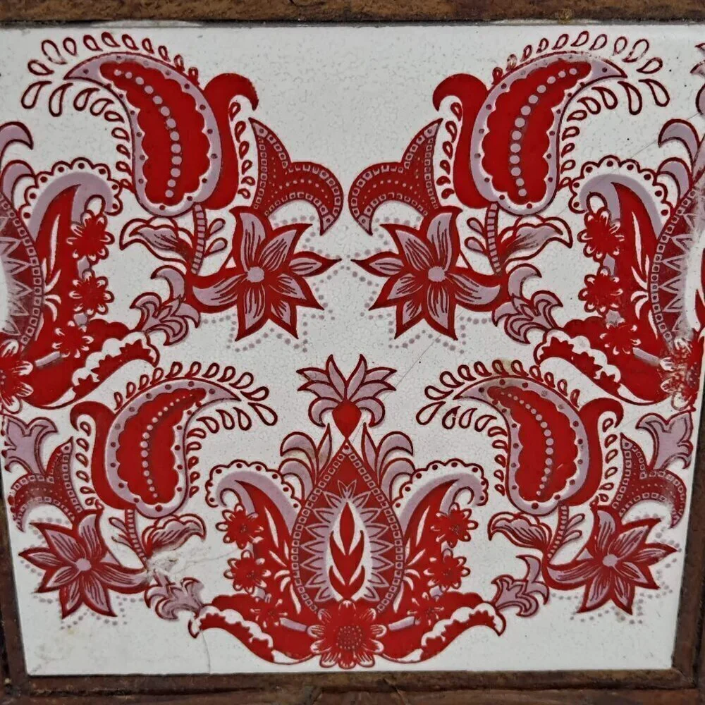 Vintage Red White Mexican Tile Wood Framed Trivet Feet Decor Decoration Kitchen